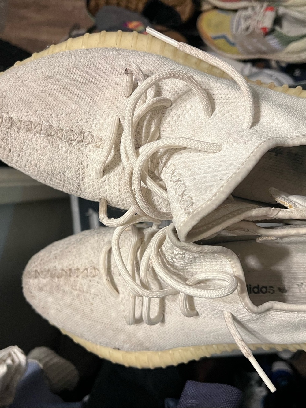 adidas men’s Off-White Knit Lace-Up Sneakers